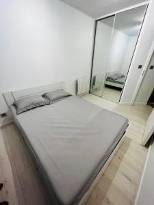 帕拉瓦莱弗洛RAINIE APPART的白色客房内的一张大床,配有镜子