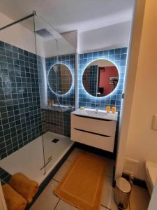 圣吉尔莱班Caz'à Boucan的带淋浴、盥洗盆和镜子的浴室