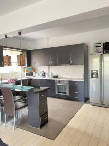 新马克立Sweet Makri Suite的厨房配有灰色橱柜和不锈钢用具