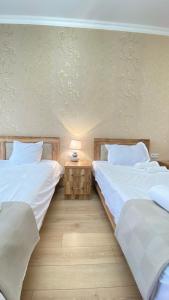 茨卡尔图博Andro's Guesthouse的两张睡床彼此相邻,位于一个房间里
