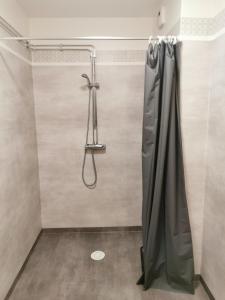 莫拉Saxvikens vandrarhem的浴室内配有淋浴帘。