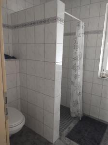 萨尔贝克FeWo Holunderbusch的一间带卫生间和淋浴帘的浴室