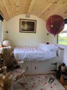 Homestead Hut的一间卧室配有一张床、一个气球和一把椅子