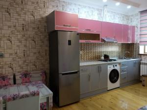 DaşcaElnur small villa的厨房配有粉红色橱柜和冰箱