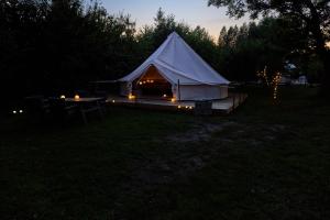 DalbyHesselgaard Glamping的夜晚在田野里带灯的帐篷