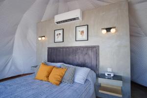 恩塞纳达港Cúpulas Del Valle by Villa De La Rosa的一间卧室配有一张带黄色枕头的大床