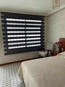 瓦哈卡市Casa Sol的卧室设有窗户、一张床和一把椅子