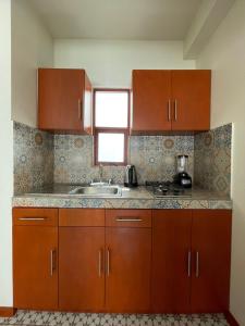 瓦哈卡市Casa Sol的一个带木制橱柜和水槽的厨房