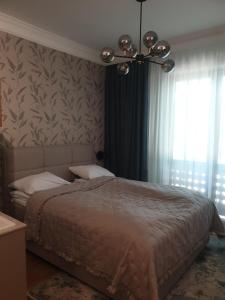 帕利克Guest House Vila Lujza的一间卧室配有一张大床和一个吊灯。
