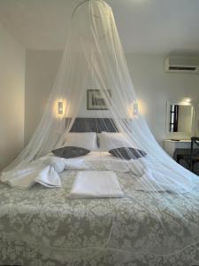 阿吉奥斯伊欧尼斯Karaoulanis Beach的一间卧室配有一张带蚊帐的床