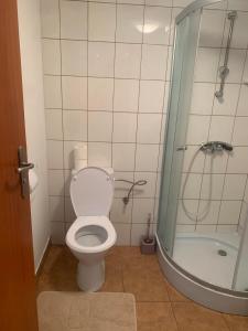 格但斯克Domek Letniskowy Wojtek的一间带卫生间和淋浴的浴室
