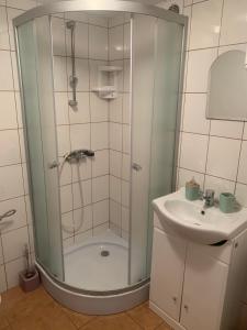 格但斯克Domek Letniskowy Wojtek的带淋浴和盥洗盆的浴室