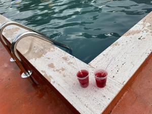 克瓦雷利Varga Kvareli的两杯饮料坐在水边的酒柜上