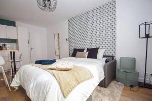 奥尔良Charmant 2P centre ville Orléans的一间卧室配有一张带白色床单和蓝色枕头的大床。