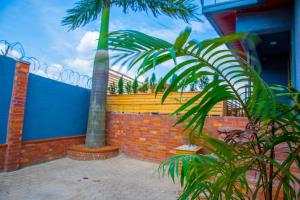 基加利Albina Motel的棕榈树坐在砖墙旁边