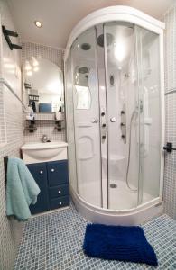格拉纳达Apartamento Granados的带淋浴的浴室和蓝色地毯。
