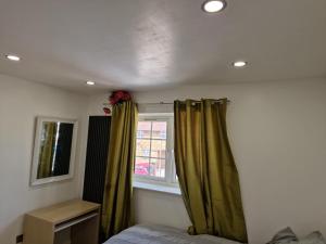 达格纳姆Studio Flat with kitchen and toilet included的一间卧室设有绿色窗帘和窗户