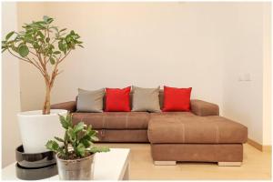都灵Casa San Carlo nel cuore di Torino的客厅配有带红色枕头的棕色沙发