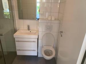 奥斯陆Oslo apartment center的一间带卫生间和水槽的浴室