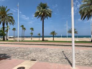 甘迪亚海滩Bonito y coqueto apartamento a 150metros de la playa 2 Línea的一条棕榈树和海滩的街道
