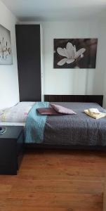 利普托斯基米库拉斯利普托公寓的卧室配有一张床,墙上挂有绘画作品