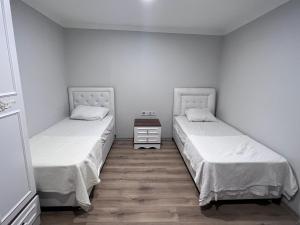 PelitliBayraktar apart的一间设有两张床的房间,中间设有床头柜