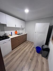 PelitliBayraktar apart的厨房铺有木地板,配有白色冰箱。