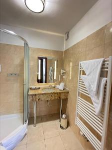 汉堡汉堡市中心城市客栈酒店的浴室配有水槽、淋浴和浴缸。