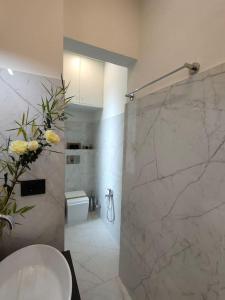 阿斯蒂Appartamento Portici Rossi- Centro Storico的带淋浴、卫生间和盥洗盆的浴室