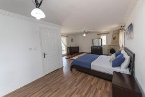 居吕克Refreshing Villa near Milas-Bodrum Airport的一间卧室设有一张大床,铺有木地板