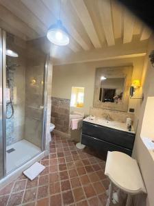 Bresse-sur-GrosneLa Rochelière的带淋浴、盥洗盆和卫生间的浴室