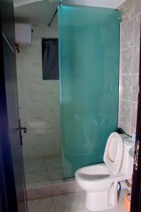 拉各斯NO 95 SUITES VI的一间带卫生间和玻璃淋浴间的浴室