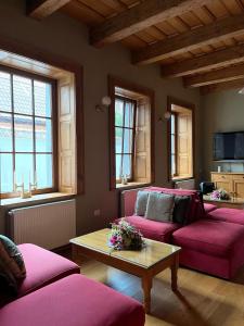 泽尔内什蒂Pensiunea Tohanu Vechi的客厅配有粉红色的沙发和茶几