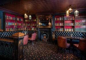 恩尼斯科西Treacy's Hotel Wexford的一间设有壁炉和书架的酒吧