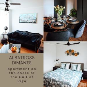 ĶesterciemsAlbatross Dimants - apartamenti Rīgas jūras līča krastā的一张沙发客厅的照片和一张桌子