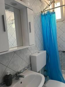 尼亚米卡尼奥纳Family Garden的浴室设有卫生间和蓝色的浴帘。