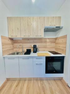 维勒班T2 Tête d’Or Confort + Parking gratuit的厨房配有白色橱柜、水槽和炉灶。