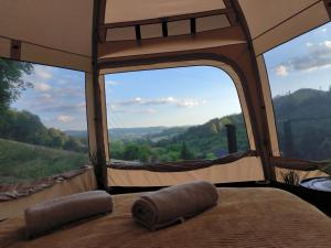 罗斯诺夫·波德·拉德霍斯滕Glamping Rožnov的一间山景卧室,从帐篷可欣赏到山景