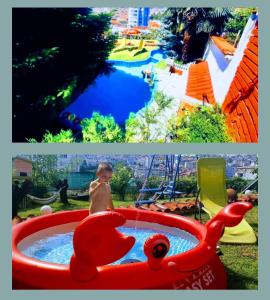 桑丹斯基Guest House Sofia的游泳池里的人,有红色充气玩具