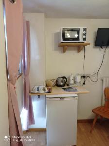 利维尼奥canton 520 camera matrimoniale e appartamento self check in的小厨房配有白色冰箱和微波炉