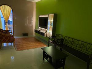马六甲83 Homestay的客厅设有绿色墙壁和电视。