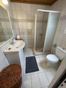 科孚镇Villa Penelope的浴室配有卫生间、盥洗盆和淋浴。