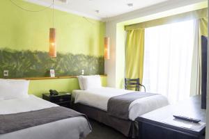 圣地亚哥蓝树创始人酒店的酒店客房设有两张床和窗户。