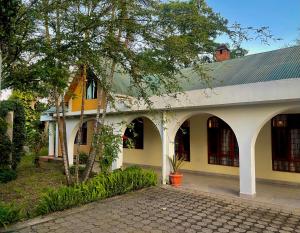 阿鲁沙Toiwo Residence Arusha的一座黄色和白色的建筑,前面有一棵树