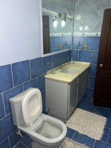 科恰班巴HABITACIONES PRIVADAS NOVILLO的蓝色瓷砖浴室设有卫生间和水槽