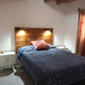 Vista FloresAlojamiento Shanti的一间卧室配有一张蓝色的床和木制床头板