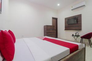卢迪亚纳OYO Hotel Bella Ciao的一间卧室配有一张带红色枕头的床和一台电视。