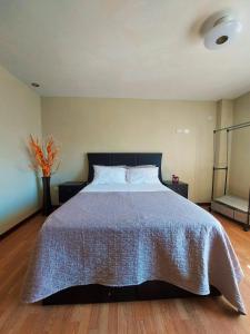 帕拉卡斯Casa Mahulu的一间卧室配有一张带蓝色棉被的大床