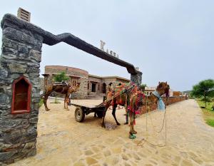 TehlaSariska Kasba A Village Resort的骆驼在建筑物前拉着一辆车
