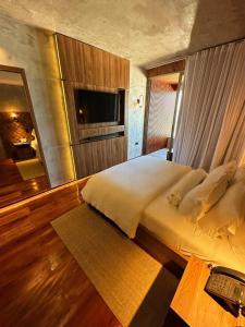 马利西亚斯Duke Beach Hotel Maresias的一间卧室配有一张带电视和书桌的床。